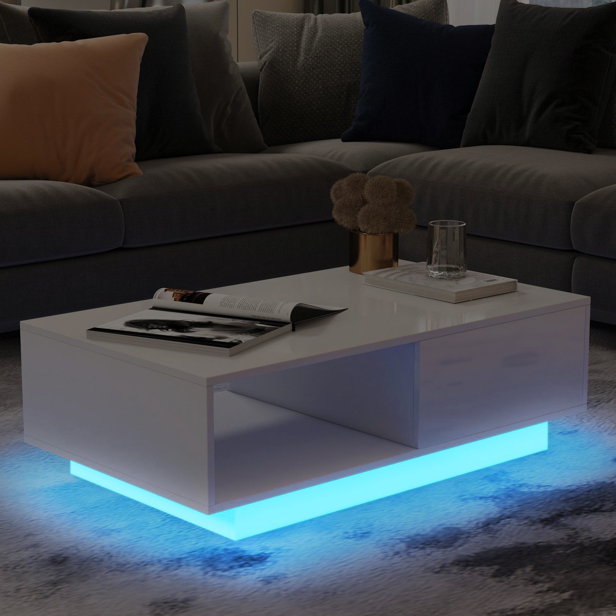 Woodyhome™ Coffee Table High Gloss LED Modern w/ Large Drawer