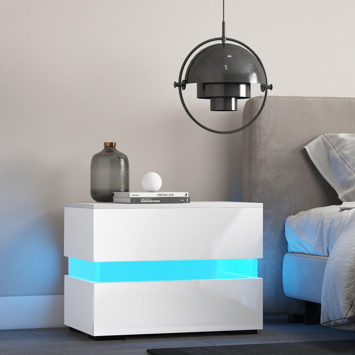 Woodyhome™ LED Nightstand with Modern Colorful LED and Glossy Drawers