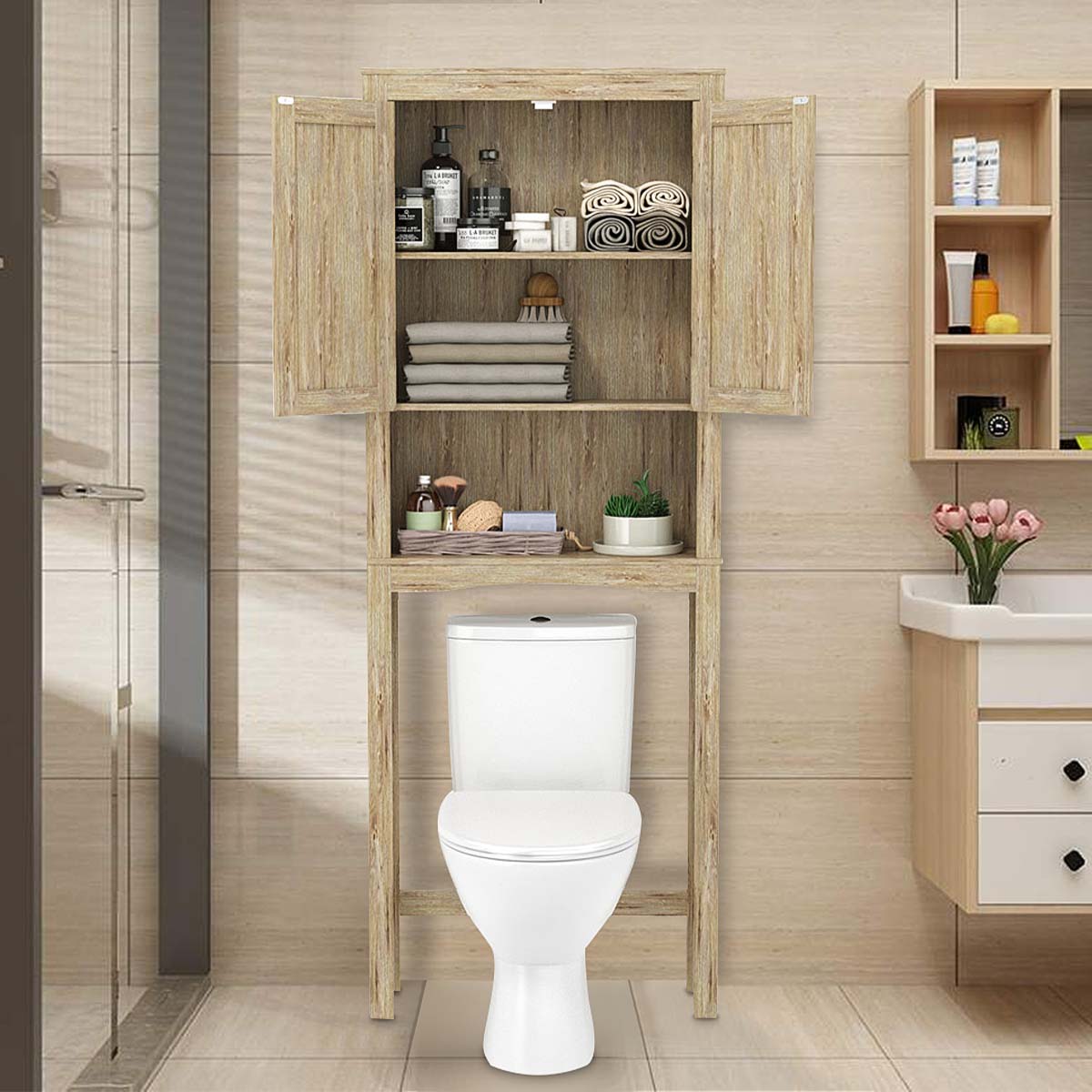 Woodyhome™ Storage Cabinet Rustic Bathroom Over The Toilet with Doors Space Saver Organizer