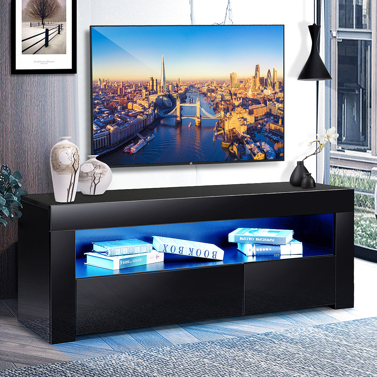 Woodyhome™ TV Stand High Gloss LED  Cabinet with Drawers Entertainment Center for 55" TV