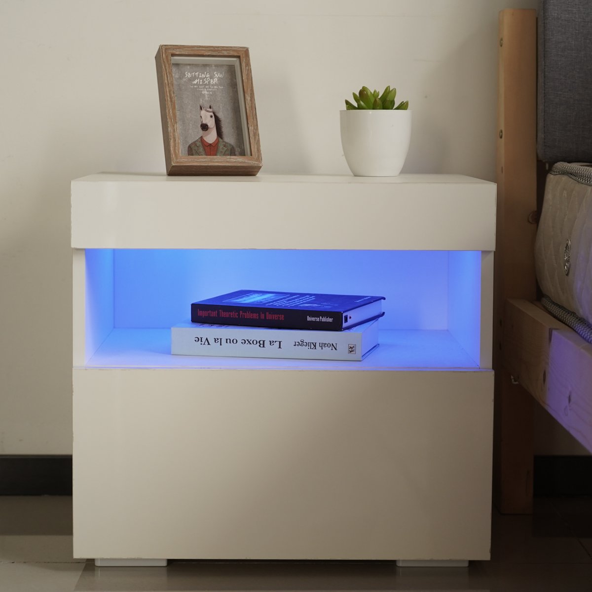 Woodyhome™ Nightstand Modern High Gloss with Drawer and LED Light