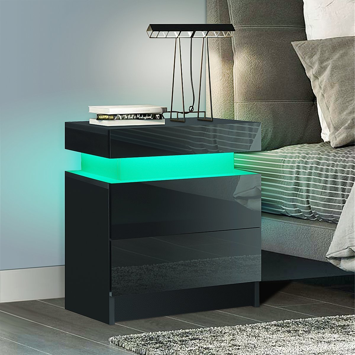 Woodyhome™ LED Nightstand RGB with 2 Glossy Drawer
