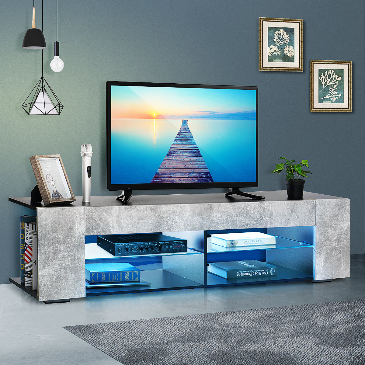 Woodyhome™ LED TV Stand Unit Console 57"  with Side Cabinet Entertainment Center for 65" TV