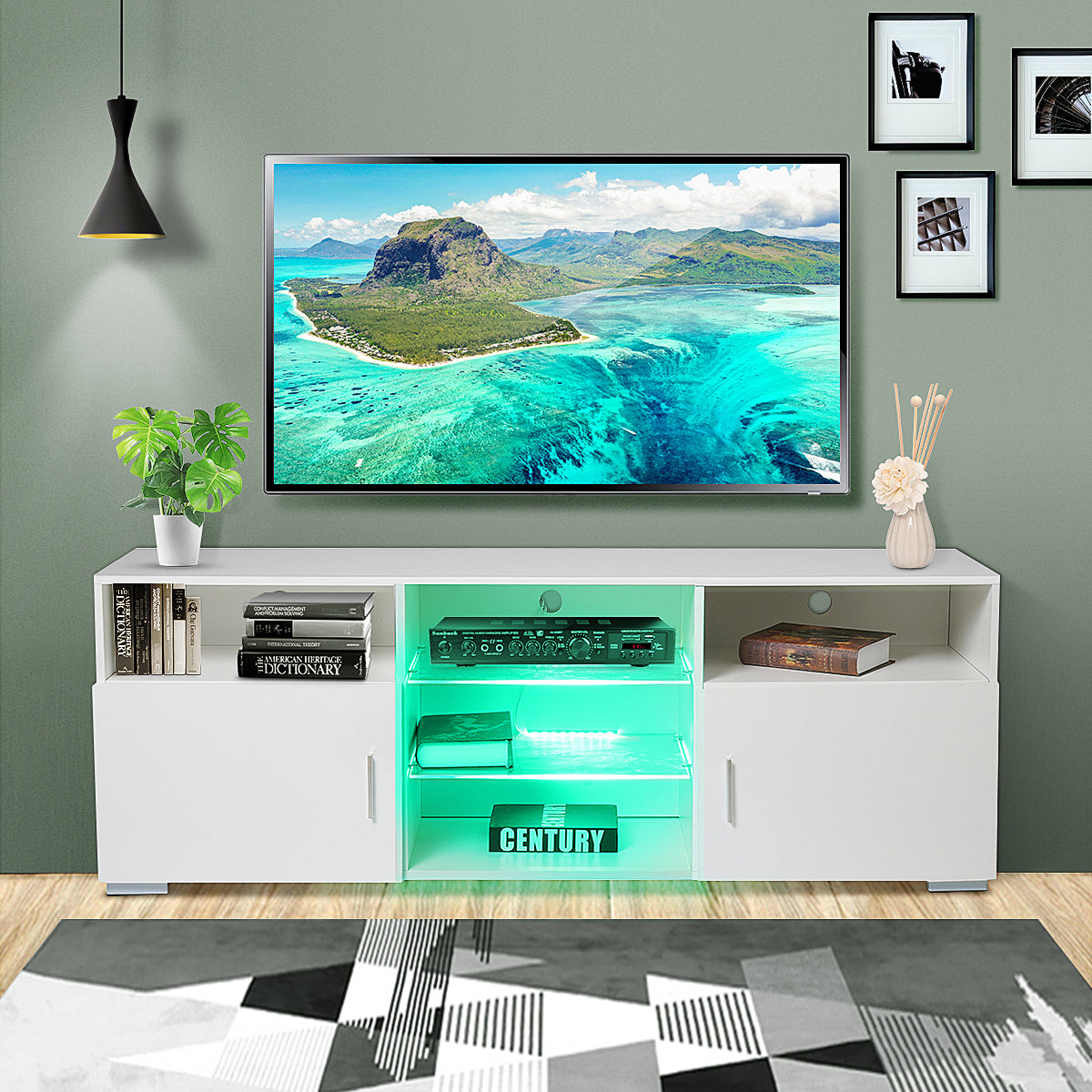 Woodyhome™ TV Stand Cabinet w/LED Shelves 2 Door Modern Entertainment Center for 65" TV