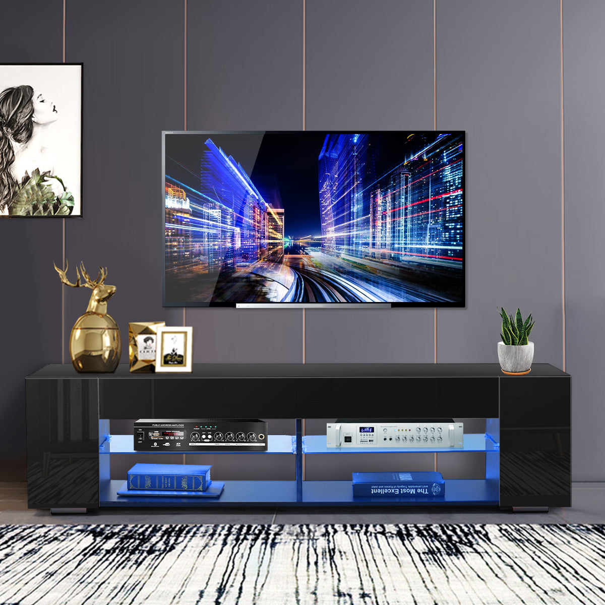 Woodyhome™ LED TV Stand Unit Console 57"  with Side Cabinet Entertainment Center for 65" TV